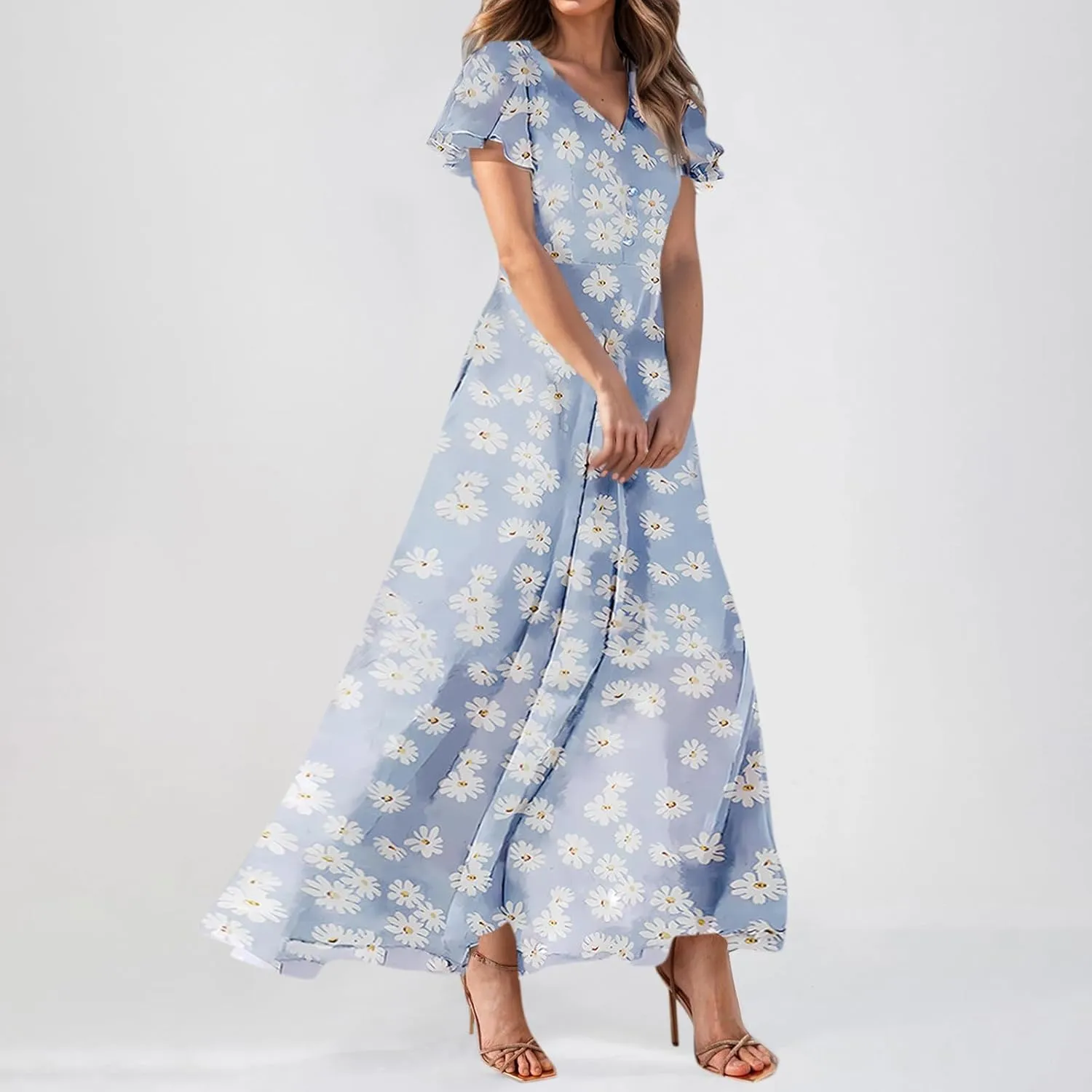 Summer Boho Dresses for Women Empire Waist Long Dress Casual Chiffon Flutter Sleeve Floral Beach Wedding Guest Dresses