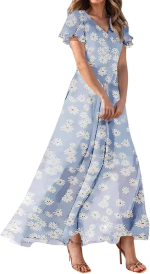 Summer Boho Dresses for Women Empire Waist Long Dress Casual Chiffon Flutter Sleeve Floral Beach Wedding Guest Dresses