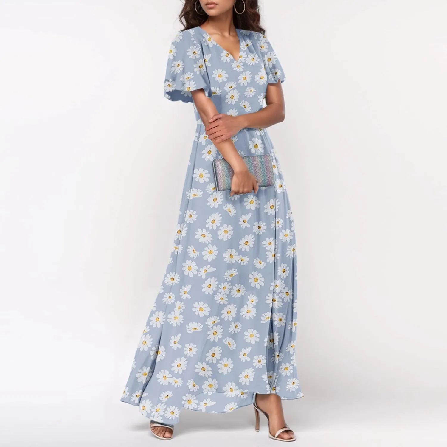 Summer Boho Dresses for Women Empire Waist Long Dress Casual Chiffon Flutter Sleeve Floral Beach Wedding Guest Dresses