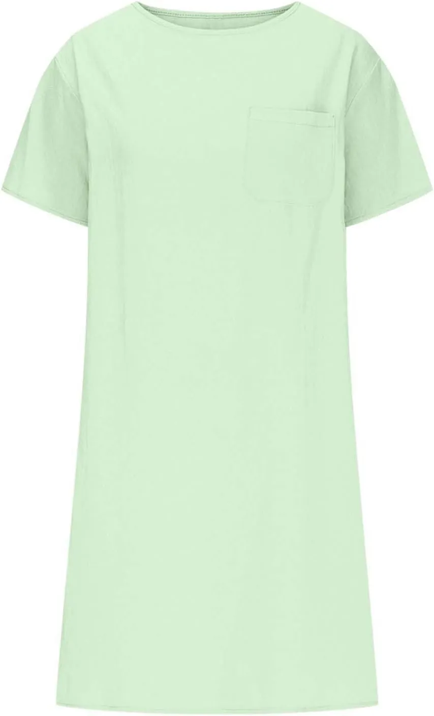 Summer Cotton Linen Dress for Women 2025 Vacation Short Sleeve Crew Neck Loose Midi Beach T Shirt Dresses with Pocket