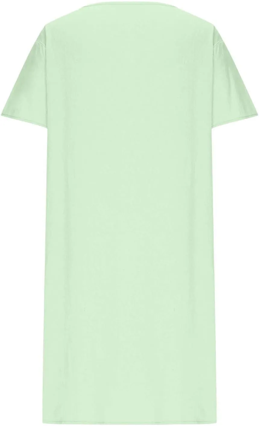 Summer Cotton Linen Dress for Women 2025 Vacation Short Sleeve Crew Neck Loose Midi Beach T Shirt Dresses with Pocket