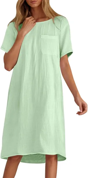 Summer Cotton Linen Dress for Women 2025 Vacation Short Sleeve Crew Neck Loose Midi Beach T Shirt Dresses with Pocket
