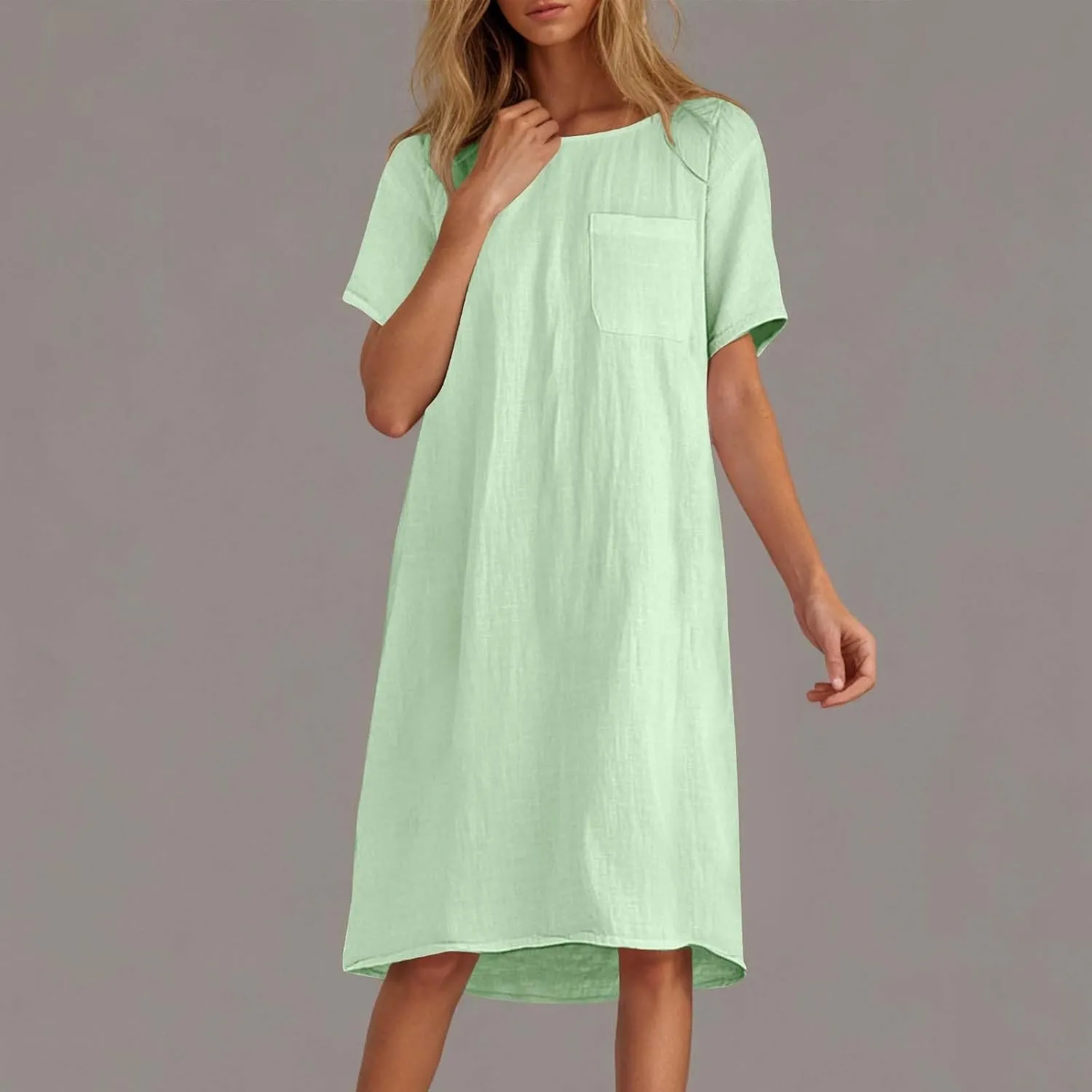 Summer Cotton Linen Dress for Women 2025 Vacation Short Sleeve Crew Neck Loose Midi Beach T Shirt Dresses with Pocket