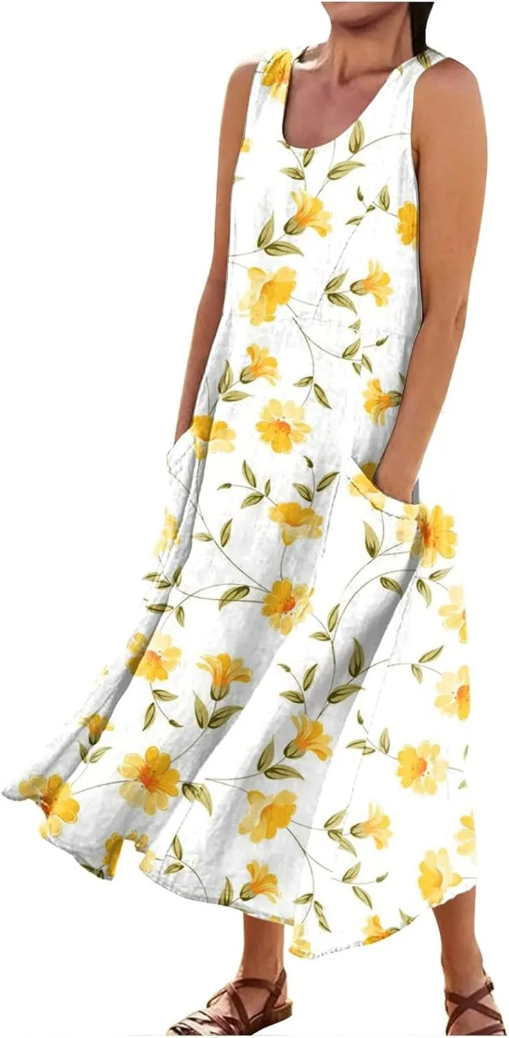 Summer Dresses 2024 Sleeveless Maxi Dress Round Neck Flowy Dress with Two Large Pockets Casual Sundresses for Women