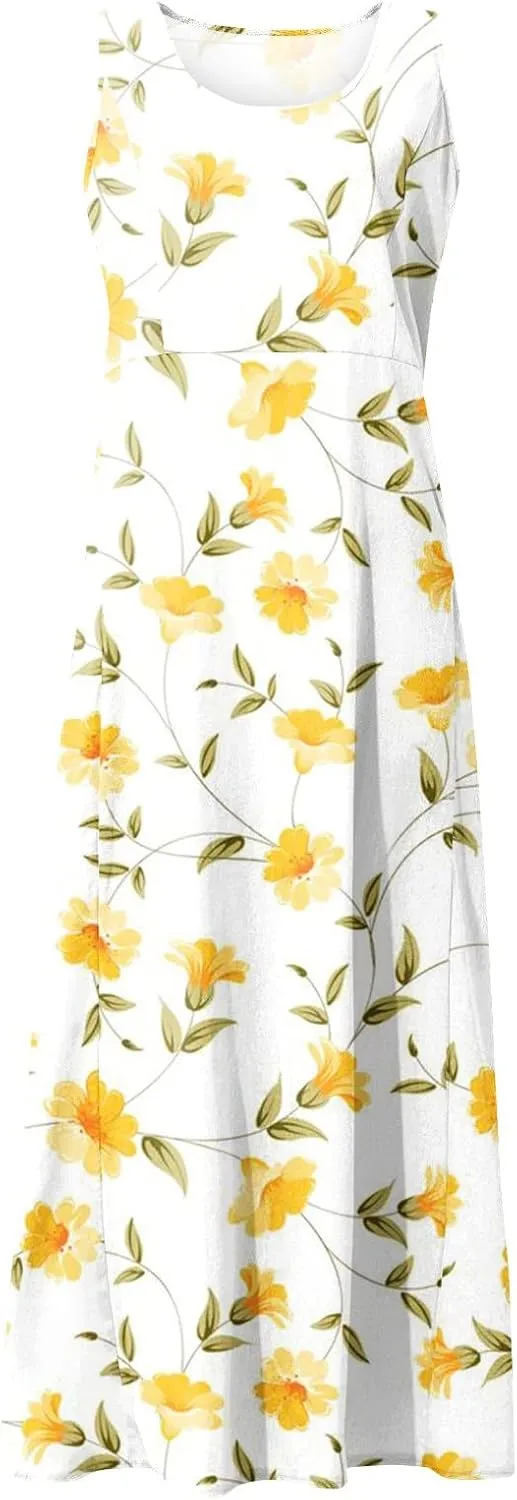 Summer Dresses 2024 Sleeveless Maxi Dress Round Neck Flowy Dress with Two Large Pockets Casual Sundresses for Women