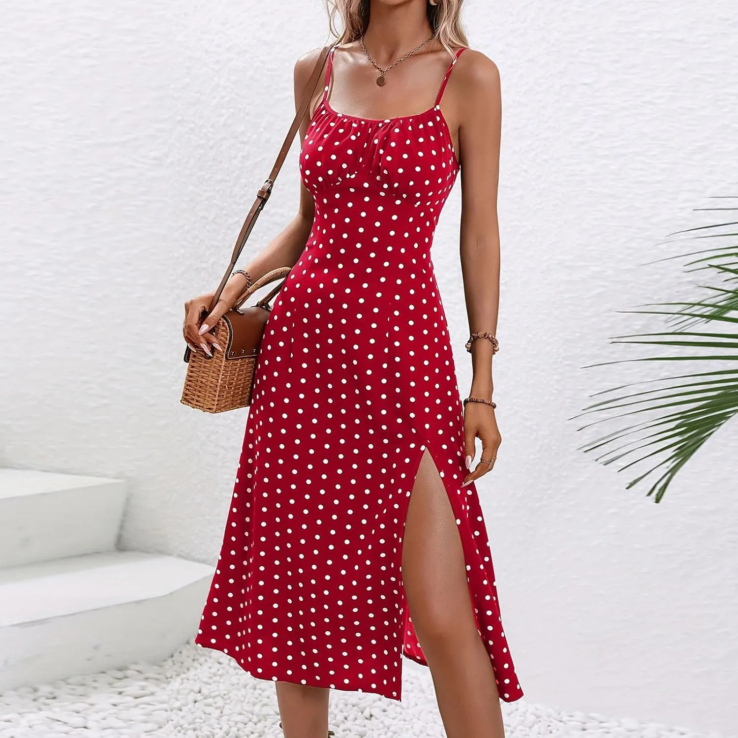 Summer Dresses for Women 2024 Trendy Sexy Spaghetti Strap Bodycon Cami Dresses Boho Floral Polka Dot Side Slit Midi Dresses