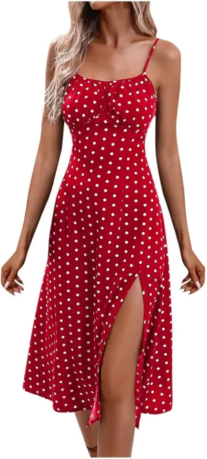 Summer Dresses for Women 2024 Trendy Sexy Spaghetti Strap Bodycon Cami Dresses Boho Floral Polka Dot Side Slit Midi Dresses