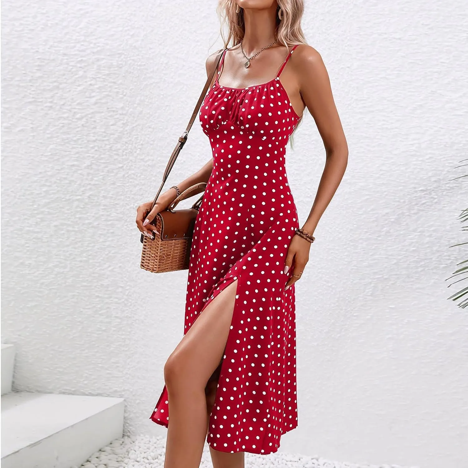 Summer Dresses for Women 2024 Trendy Sexy Spaghetti Strap Bodycon Cami Dresses Boho Floral Polka Dot Side Slit Midi Dresses