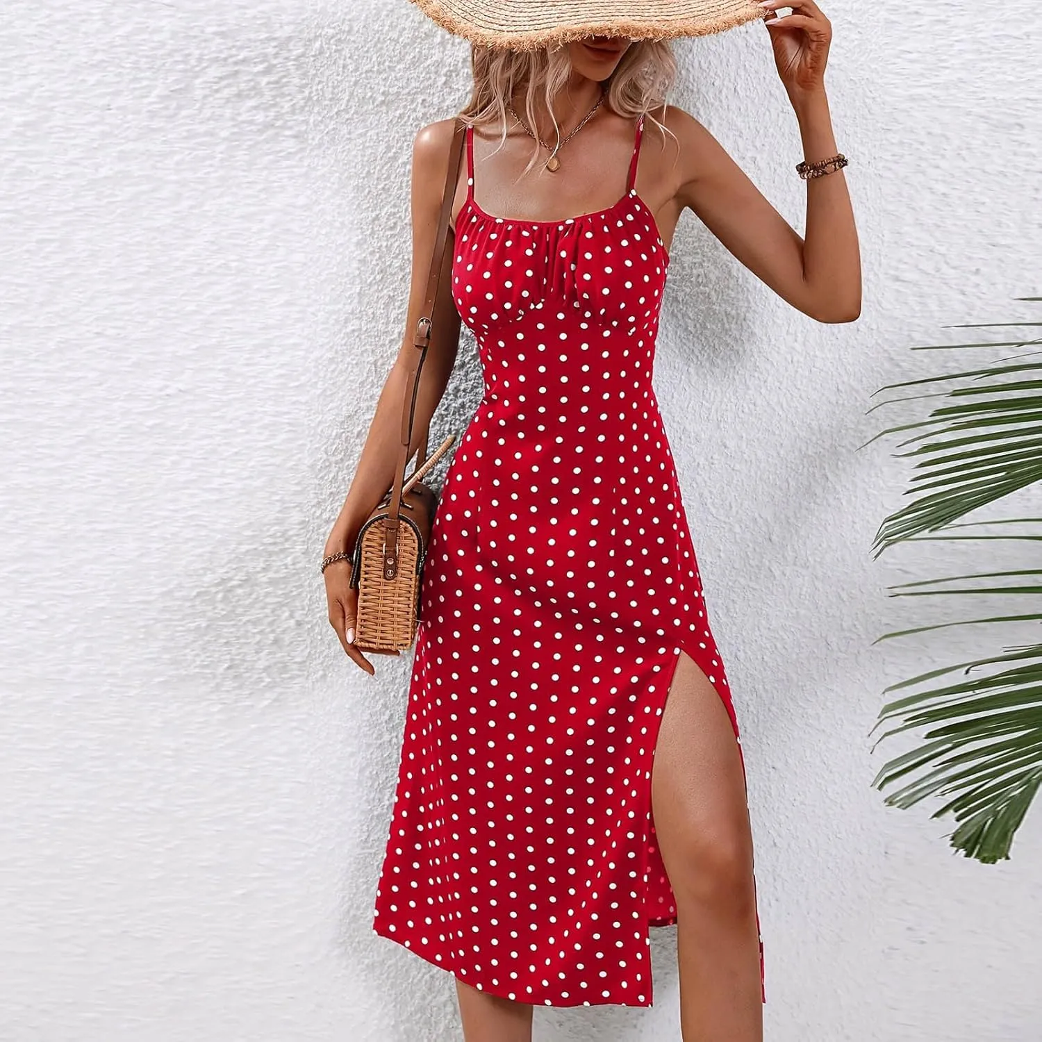 Summer Dresses for Women 2024 Trendy Sexy Spaghetti Strap Bodycon Cami Dresses Boho Floral Polka Dot Side Slit Midi Dresses