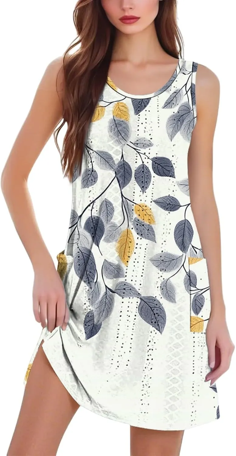 Summer Dresses for Women 2025 Beach Vacation Spring Clothes Sleeveless Crewneck Casual Floral Dress
