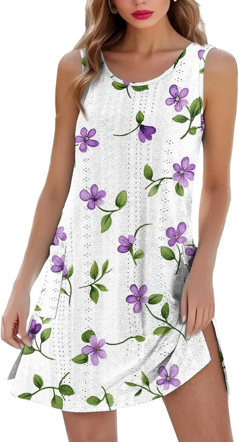 Summer Dresses for Women 2025 Beach Vacation Spring Clothes Sleeveless Crewneck Casual Floral Dress