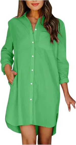 Summer Dresses for Women 2025 Button Down Shirt Dress Long Sleeve Business Casual Shift Sundress with Pockets Trendy