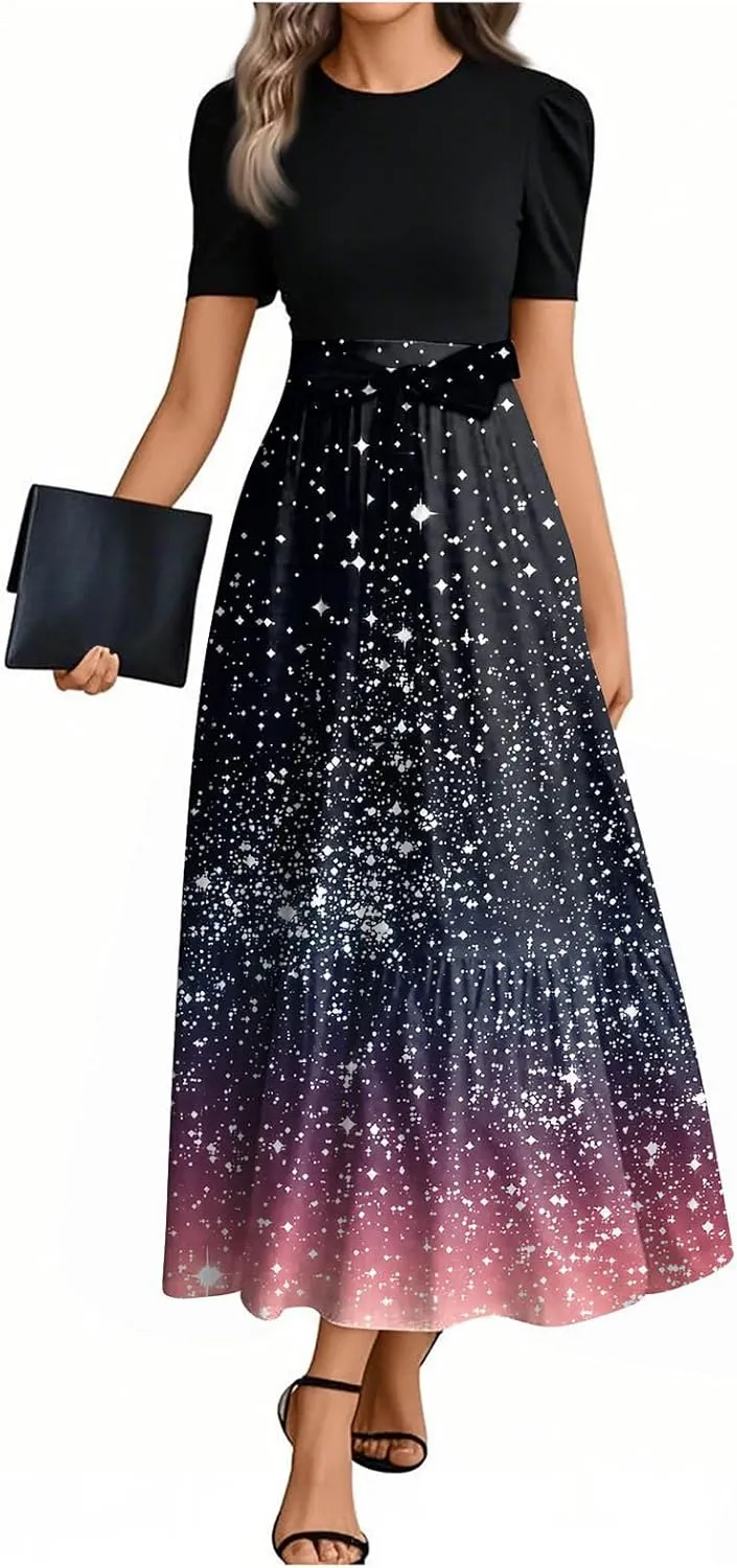 Summer Dresses for Women 2025 Flowy Floral Maxi Dress Short Sleeve Long Sundress Patchwork Ruffle Hem a Line Dress