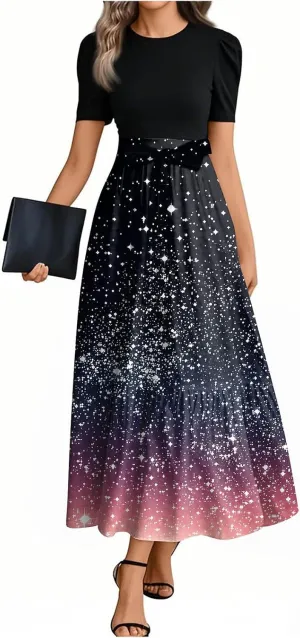 Summer Dresses for Women 2025 Flowy Floral Maxi Dress Short Sleeve Long Sundress Patchwork Ruffle Hem a Line Dress