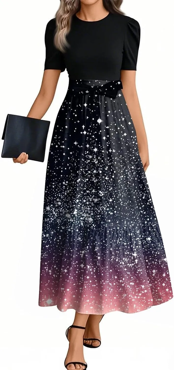 Summer Dresses for Women 2025 Flowy Floral Maxi Dress Short Sleeve Long Sundress Patchwork Ruffle Hem a Line Dress