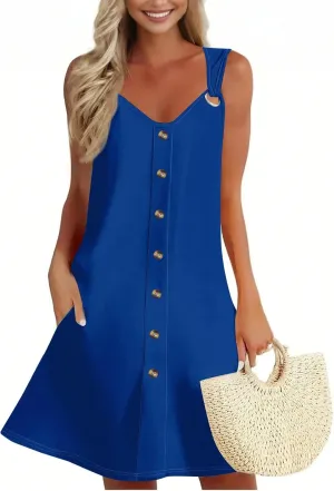 Summer Dresses for Women 2025 Loose Tank Dress Printed V Neck Beach Vacation Dress Sleeveless Sundress with Pockets
