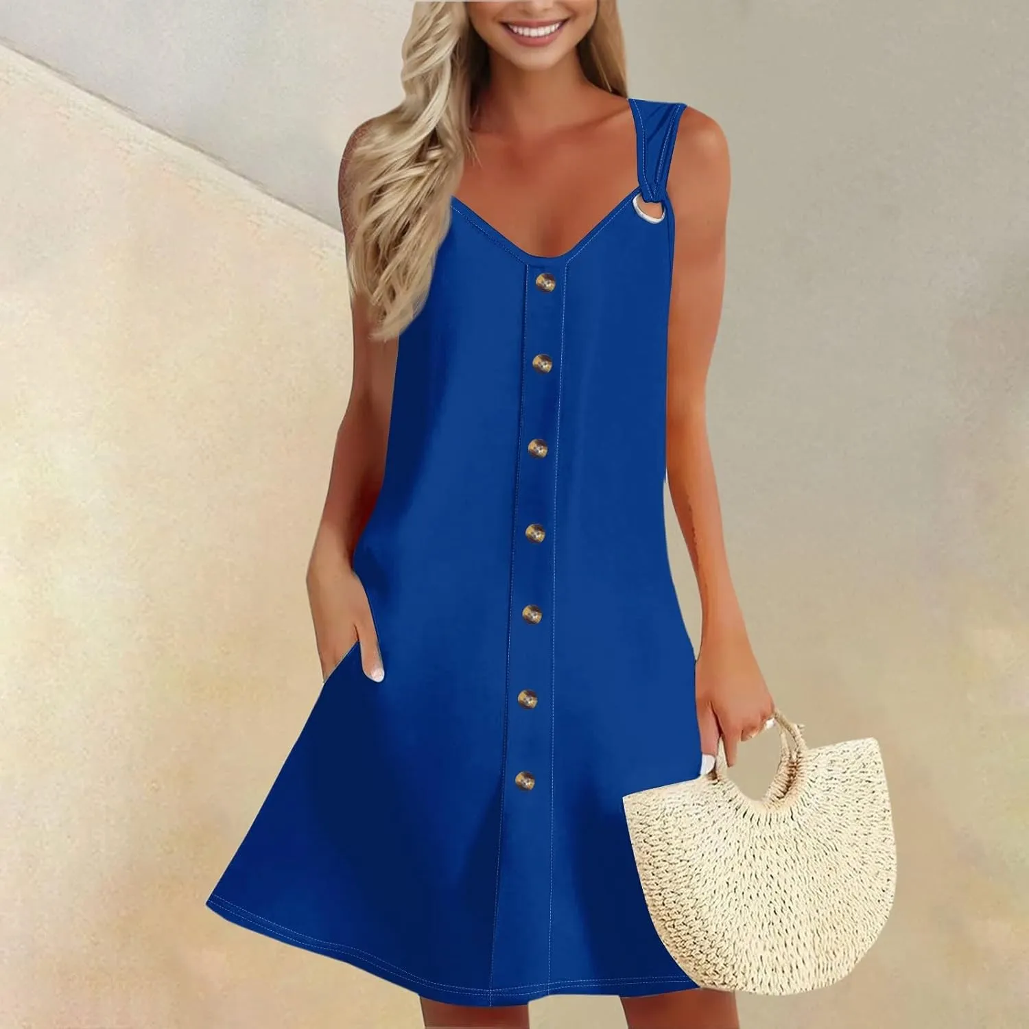 Summer Dresses for Women 2025 Loose Tank Dress Printed V Neck Beach Vacation Dress Sleeveless Sundress with Pockets