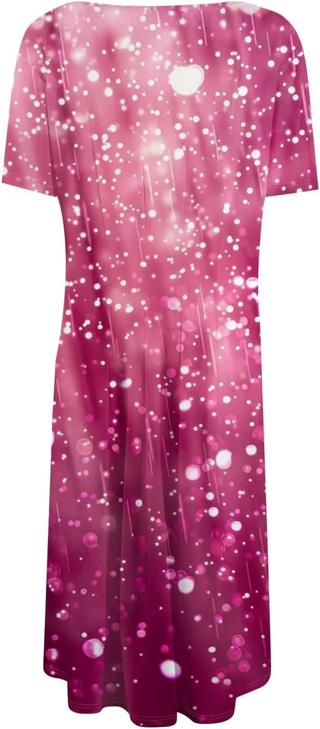 Summer Dresses for Women 2025 Midi Short Sleeve Round Neck Dresses Elegant Pleated with Side Pocket A Line Dress
