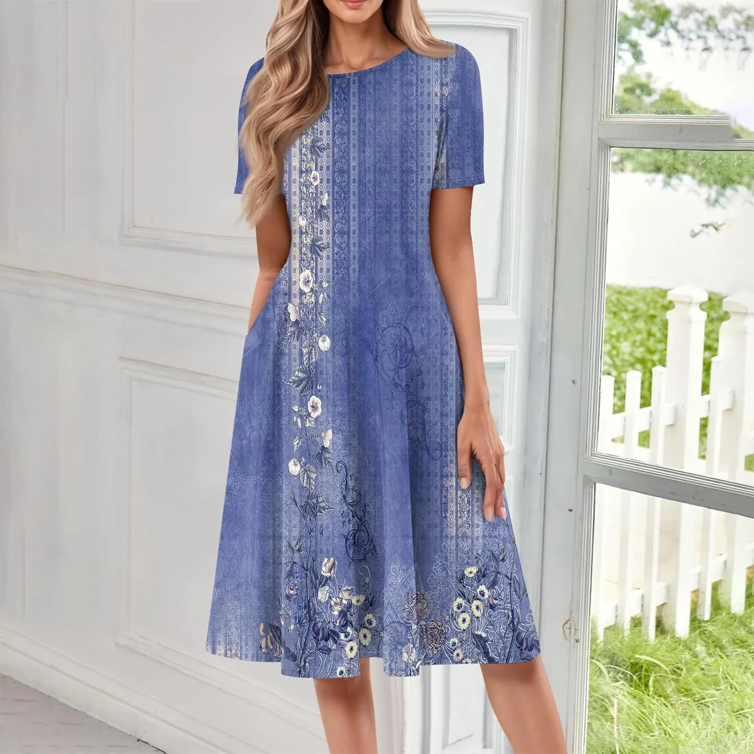 Summer Dresses for Women 2025 Midi Short Sleeve Round Neck Dresses Elegant Pleated with Side Pocket A Line Dress