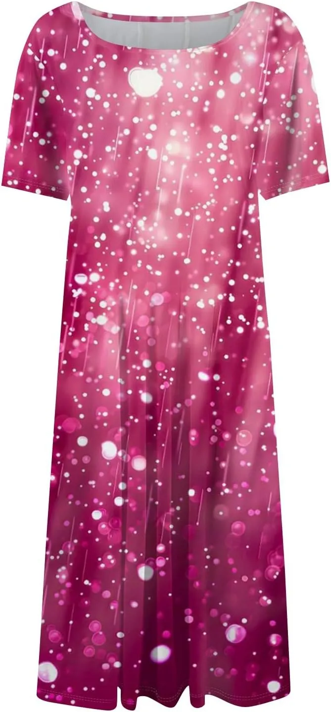 Summer Dresses for Women 2025 Midi Short Sleeve Round Neck Dresses Elegant Pleated with Side Pocket A Line Dress