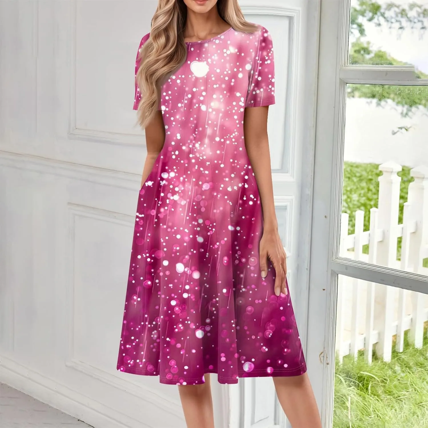 Summer Dresses for Women 2025 Midi Short Sleeve Round Neck Dresses Elegant Pleated with Side Pocket A Line Dress