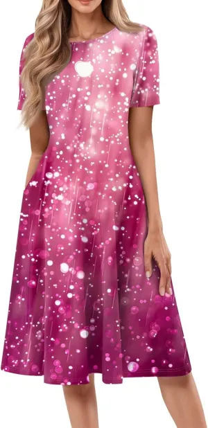 Summer Dresses for Women 2025 Midi Short Sleeve Round Neck Dresses Elegant Pleated with Side Pocket A Line Dress