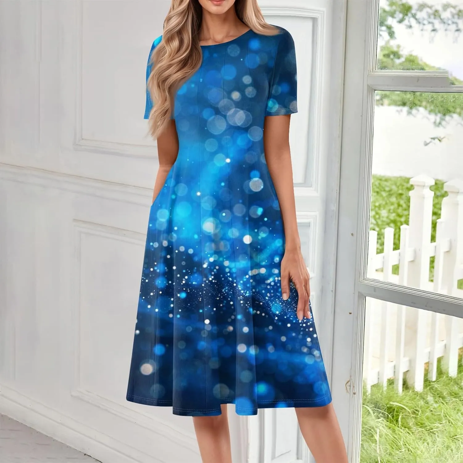 Summer Dresses for Women 2025 Midi Short Sleeve Round Neck Dresses Elegant Pleated with Side Pocket A Line Dress
