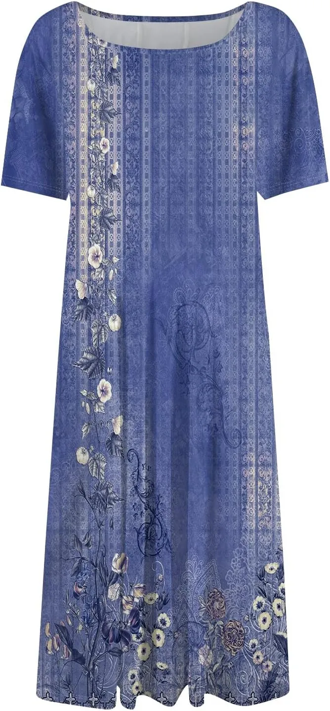 Summer Dresses for Women 2025 Midi Short Sleeve Round Neck Dresses Elegant Pleated with Side Pocket A Line Dress