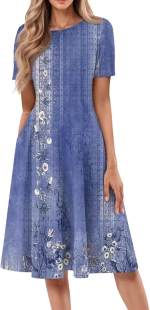 Summer Dresses for Women 2025 Midi Short Sleeve Round Neck Dresses Elegant Pleated with Side Pocket A Line Dress