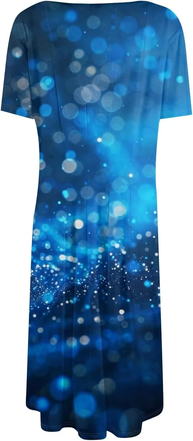 Summer Dresses for Women 2025 Midi Short Sleeve Round Neck Dresses Elegant Pleated with Side Pocket A Line Dress