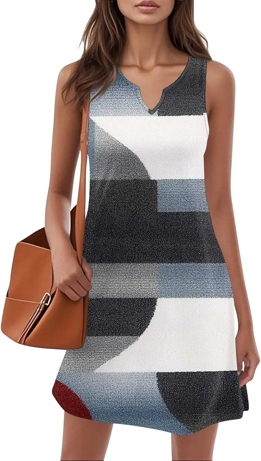 Summer Dresses for Women 2025 Printed A Line Sundress Sleeveless Crew Neck Beach Vacation Dress Loose Fit Tank Dress