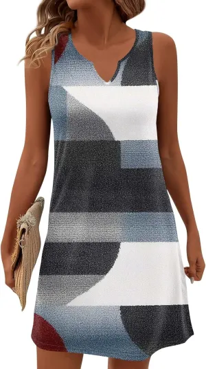 Summer Dresses for Women 2025 Printed A Line Sundress Sleeveless Crew Neck Beach Vacation Dress Loose Fit Tank Dress