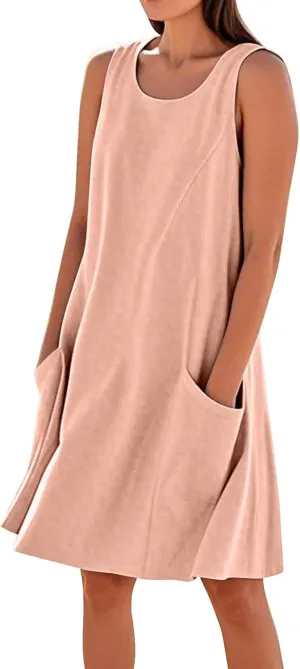 Summer Dresses for Women 2025 Round Neck Short Sleeve Cotton Linen Dress Beach Vacation Sundresses with Pockets
