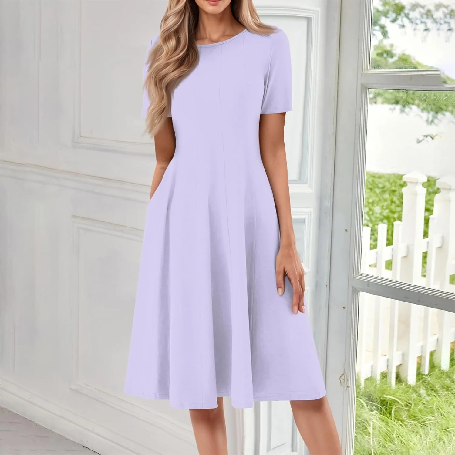 Summer Dresses for Women 2025 Short Sleeve Dresses Empire Waist Wrap Dress Business Boho Dress Midi with Pocket