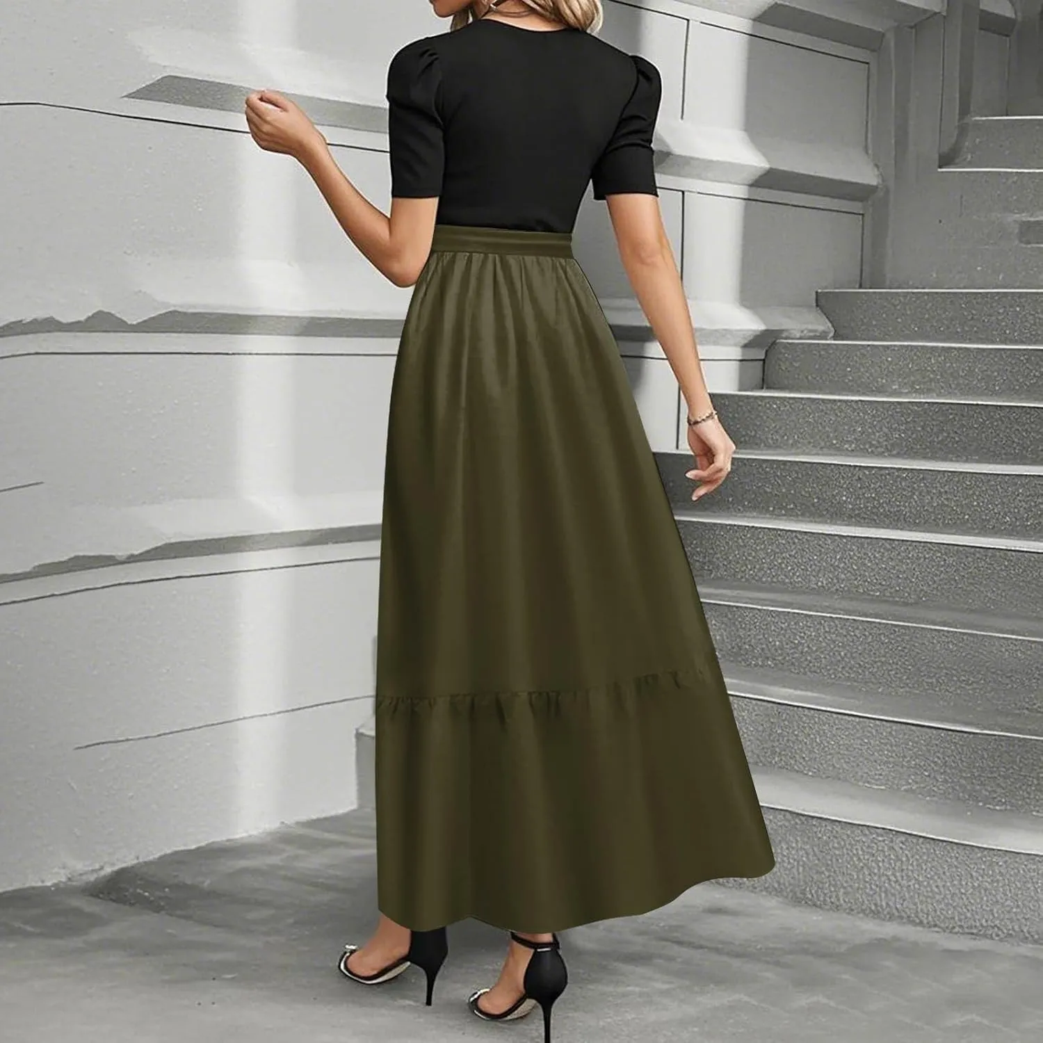Summer Dresses for Women 2025 Short Sleeve Long Sundress Patchwork Maxi Dress Flowy Floral Ruffle Hem a Line Dress