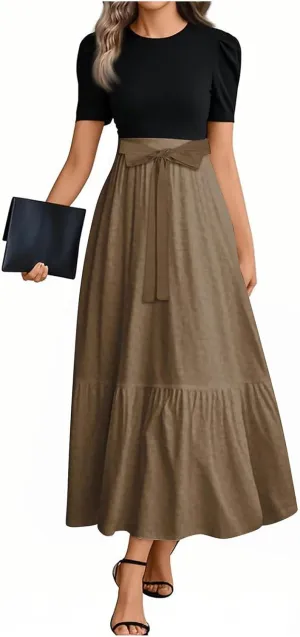 Summer Dresses for Women 2025 Short Sleeve Long Sundress Patchwork Maxi Dress Flowy Floral Ruffle Hem a Line Dress