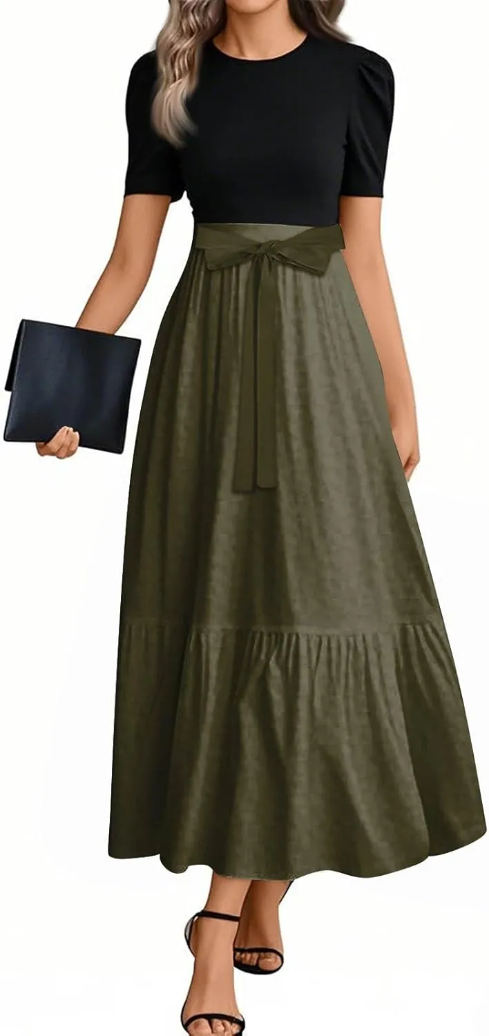 Summer Dresses for Women 2025 Short Sleeve Long Sundress Patchwork Maxi Dress Flowy Floral Ruffle Hem a Line Dress