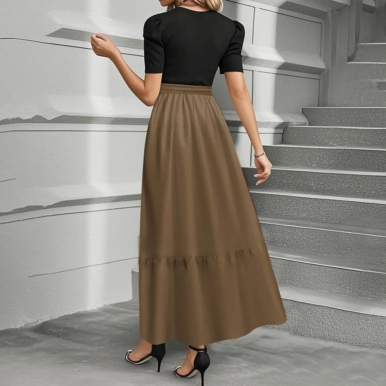 Summer Dresses for Women 2025 Short Sleeve Long Sundress Patchwork Maxi Dress Flowy Floral Ruffle Hem a Line Dress