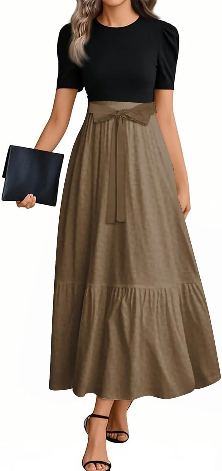 Summer Dresses for Women 2025 Short Sleeve Long Sundress Patchwork Maxi Dress Flowy Floral Ruffle Hem a Line Dress