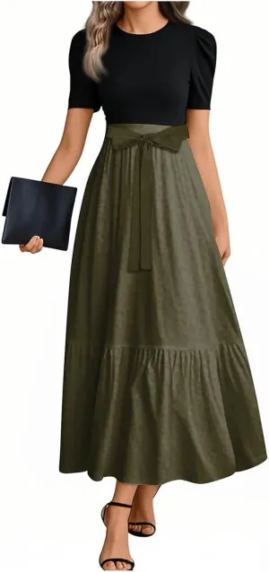 Summer Dresses for Women 2025 Short Sleeve Long Sundress Patchwork Maxi Dress Flowy Floral Ruffle Hem a Line Dress