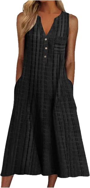 Summer Dresses for Women Beach Loose Casual Button Sleeveless V-Neck Dress Trendy Comfy Plaid Sundress with Pockets