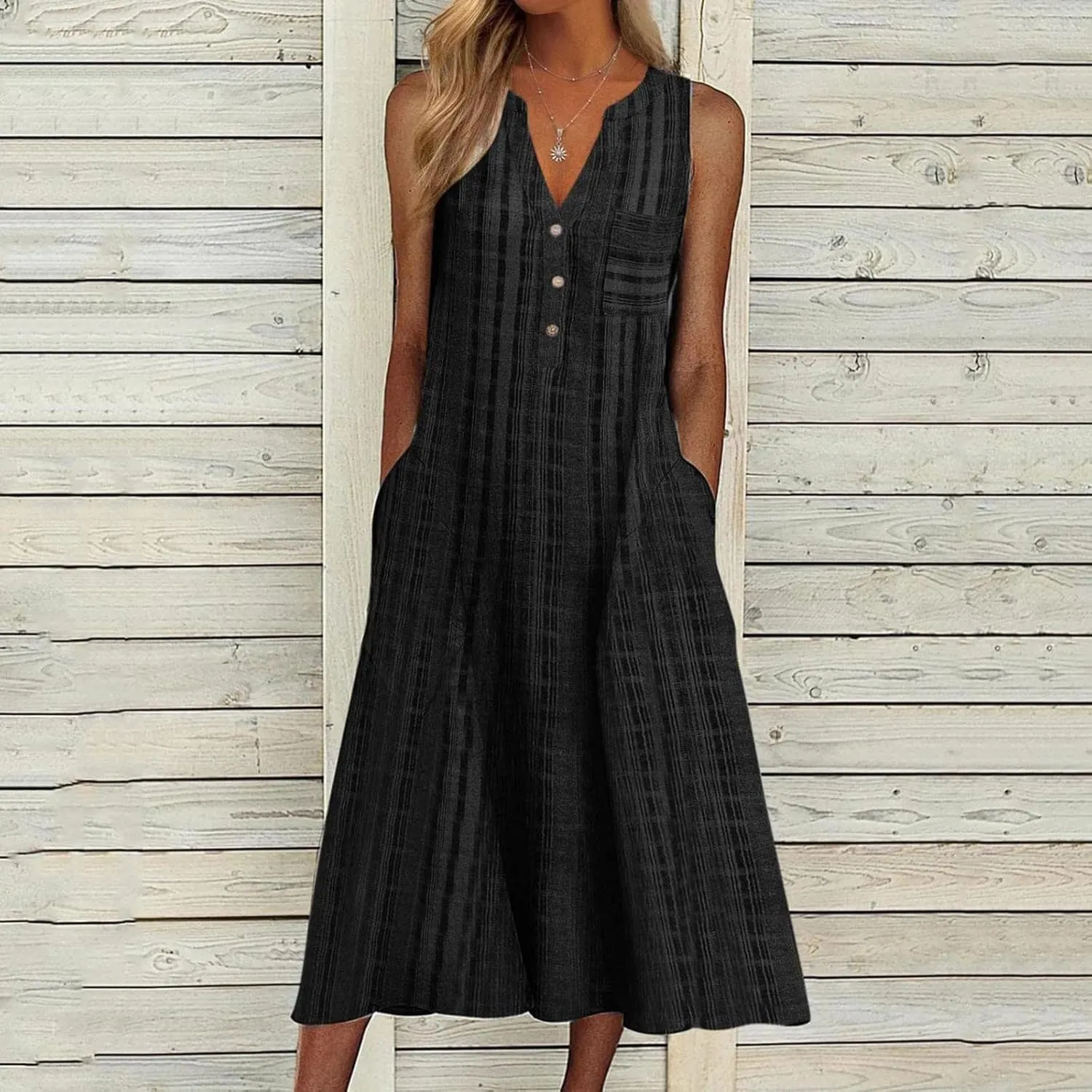 Summer Dresses for Women Beach Loose Casual Button Sleeveless V-Neck Dress Trendy Comfy Plaid Sundress with Pockets