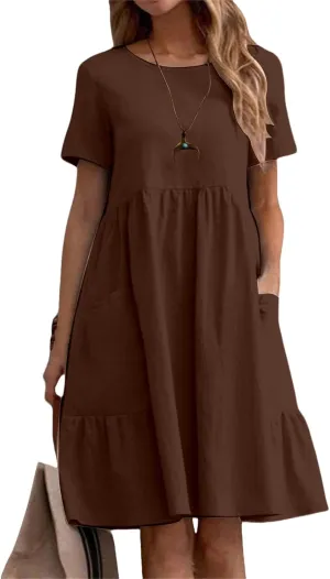Summer Dresses for Women Cotton Linen Casual Midi Dresses Short Sleeve Crewneck Loose Flowy Dress with Pockets