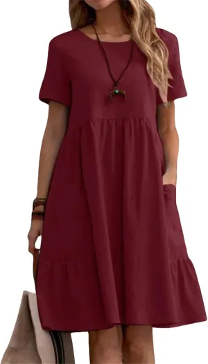 Summer Dresses for Women Cotton Linen Casual Midi Dresses Short Sleeve Crewneck Loose Flowy Dress with Pockets