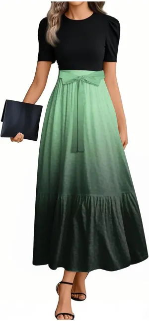 Summer Dresses for Women Floral Print Flowy Dress Patchwork Empire Waist Short Sleeve Dress Tie Belted Maxi Dress