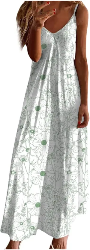 Summer Dresses for Women Floral Print Sleeveless Round Neck Dress Casual Boho Dresses