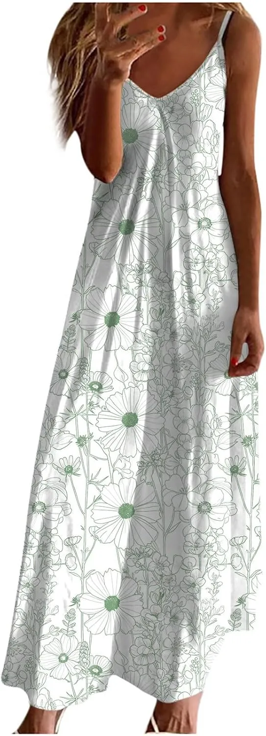 Summer Dresses for Women Floral Print Sleeveless Round Neck Dress Casual Boho Dresses