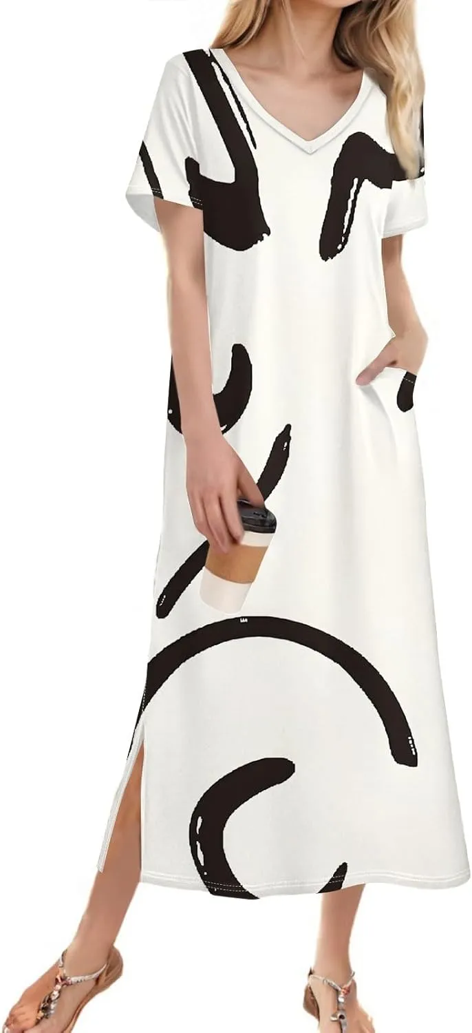 Summer Dresses for Women Loose T Shirt Dress Casual Split Long Dress Short Sleeve Floral Print Beach Dress with Pockets