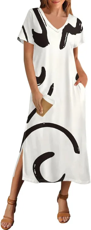 Summer Dresses for Women Loose T Shirt Dress Casual Split Long Dress Short Sleeve Floral Print Beach Dress with Pockets