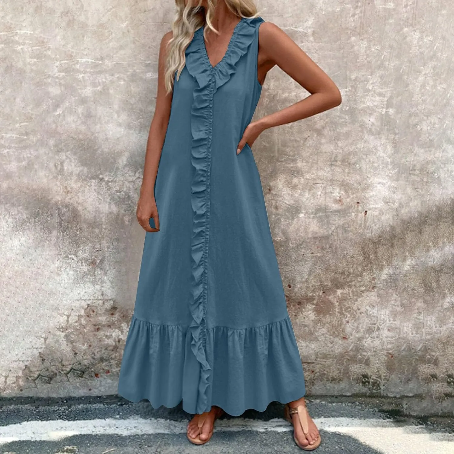 Summer Maxi Boho Sundress for Women Sleeveless Ruffle Swing Dress Casual V Neck Ankle Length A Line Dresses